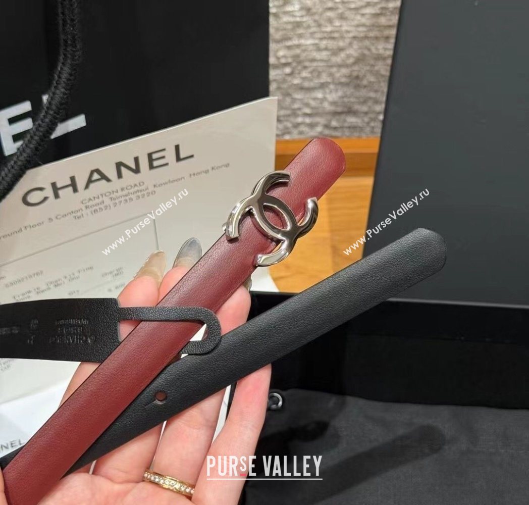 Chanel Reversible Calfskin Leather Belt 1.5cm with CC Buckle Burgundy/Silver 2025 CH091106 (99-250911137)
