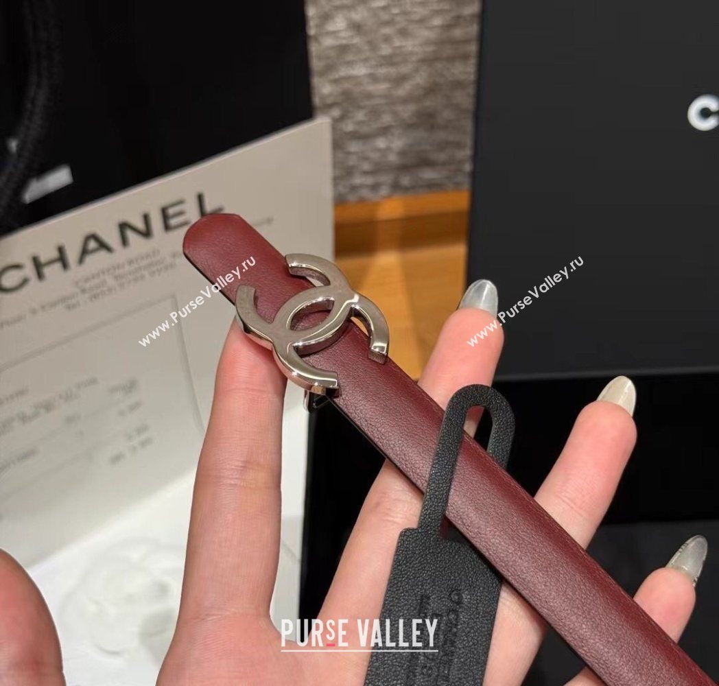 Chanel Reversible Calfskin Leather Belt 1.5cm with CC Buckle Burgundy/Silver 2025 CH091106 (99-250911137)