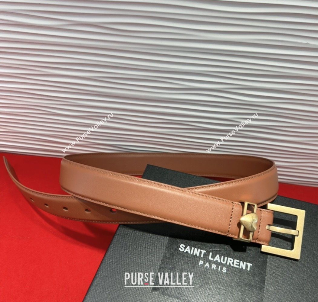 Saint Laurent Calfskin Leather Belt 3cm with Heart Charm Tan Brown/Gold 2025 YSL091201 (99-250912018)