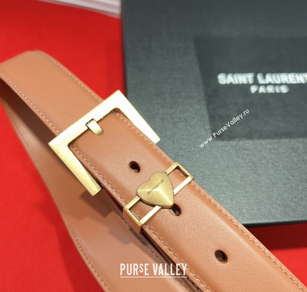 Saint Laurent Calfskin Leather Belt 3cm with Heart Charm Tan Brown/Gold 2025 YSL091201 (99-250912018)