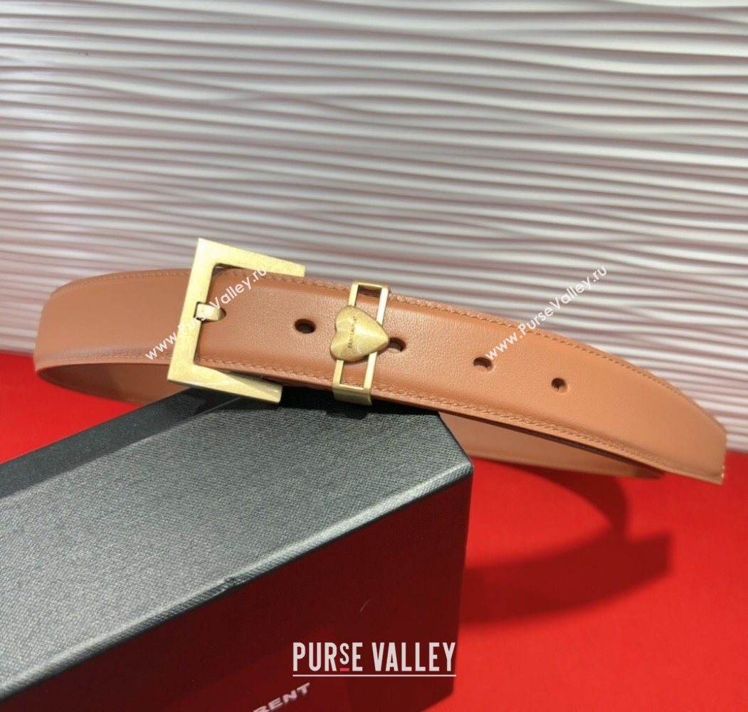 Saint Laurent Calfskin Leather Belt 3cm with Heart Charm Tan Brown/Gold 2025 YSL091201 (99-250912018)