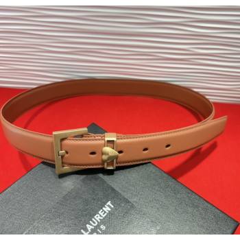 Saint Laurent Calfskin Leather Belt 3cm with Heart Charm Tan Brown/Gold 2025 YSL091201 (99-250912018)