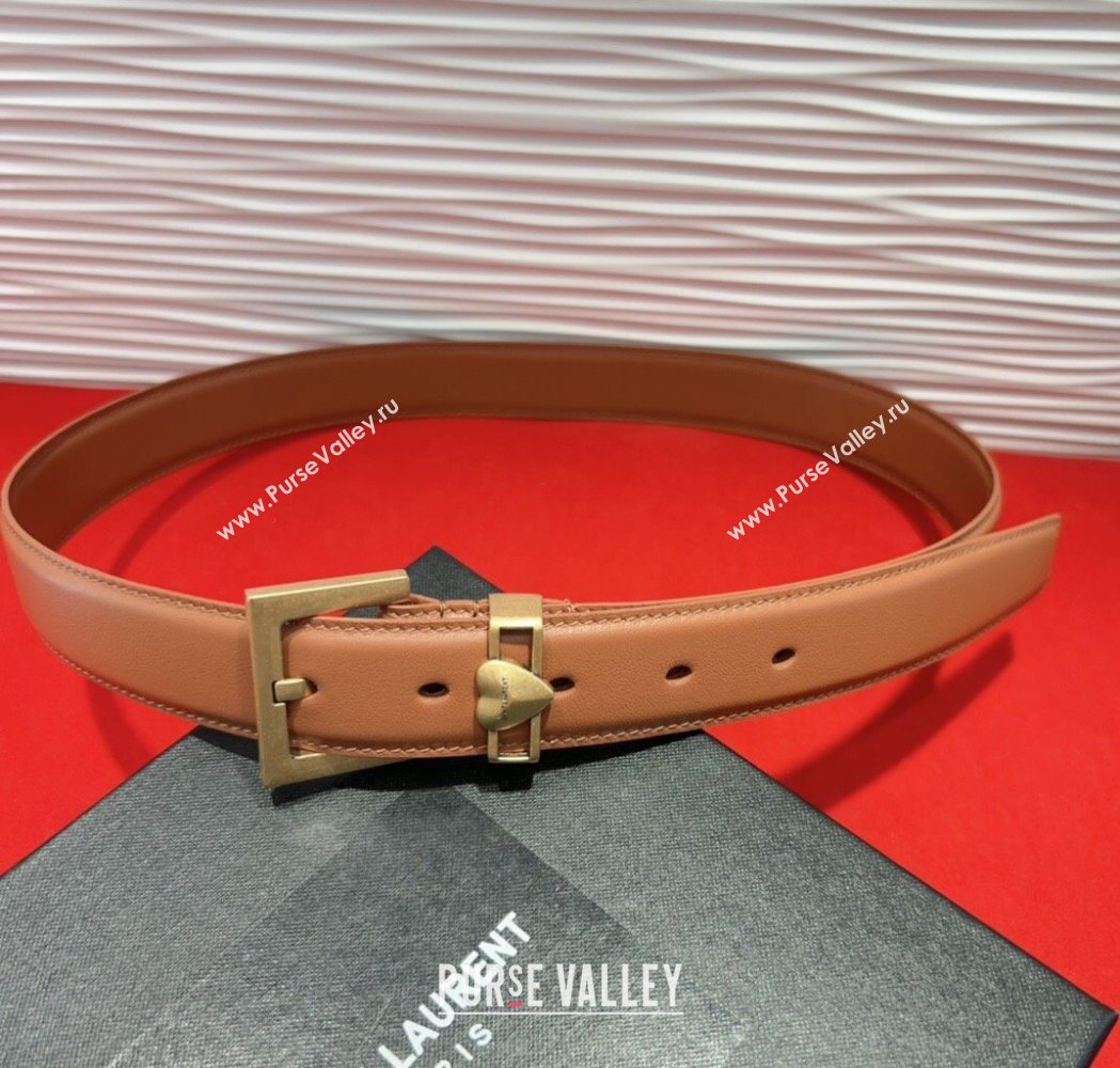 Saint Laurent Calfskin Leather Belt 3cm with Heart Charm Tan Brown/Gold 2025 YSL091201 (99-250912018)
