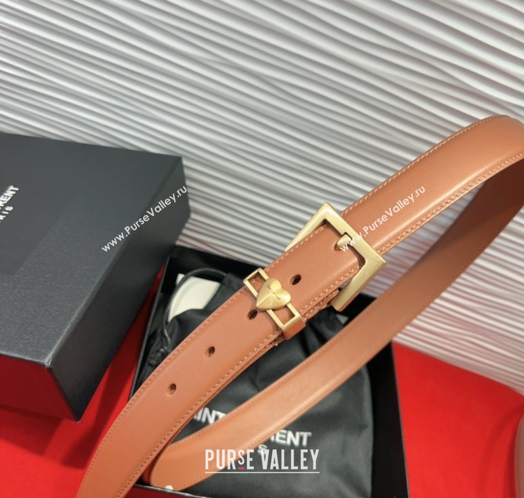 Saint Laurent Calfskin Leather Belt 3cm with Heart Charm Tan Brown/Gold 2025 YSL091201 (99-250912018)