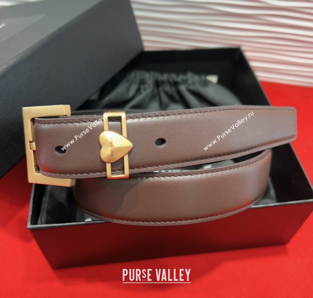 Saint Laurent Calfskin Leather Belt 3cm with Heart Charm Dark Brown/Gold 2025 YSL091201 (99-250912019)