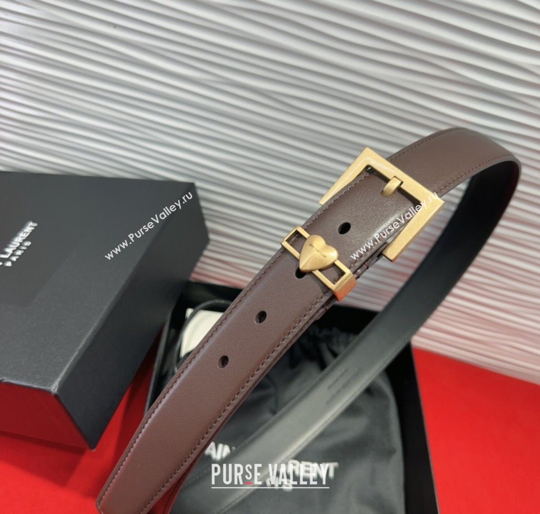 Saint Laurent Calfskin Leather Belt 3cm with Heart Charm Dark Brown/Gold 2025 YSL091201 (99-250912019)
