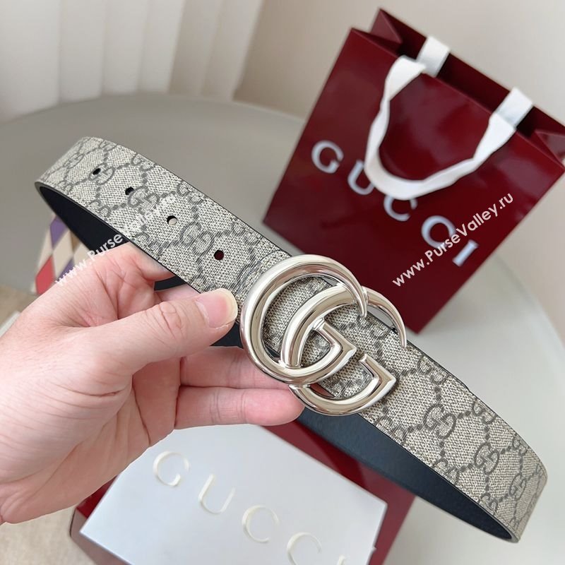 Gucci GG Leather Belt 3.5cm Beige/Silver 2025 GG091201 (99-250912139)