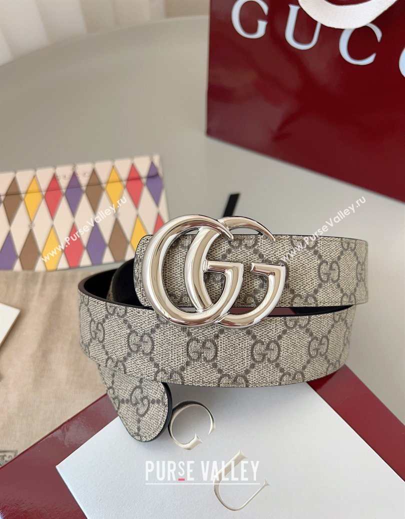 Gucci GG Leather Belt 3.5cm Beige/Silver 2025 GG091201 (99-250912139)
