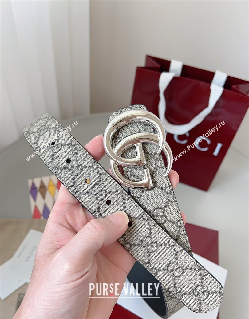 Gucci GG Leather Belt 3.5cm Beige/Silver 2025 GG091201 (99-250912139)