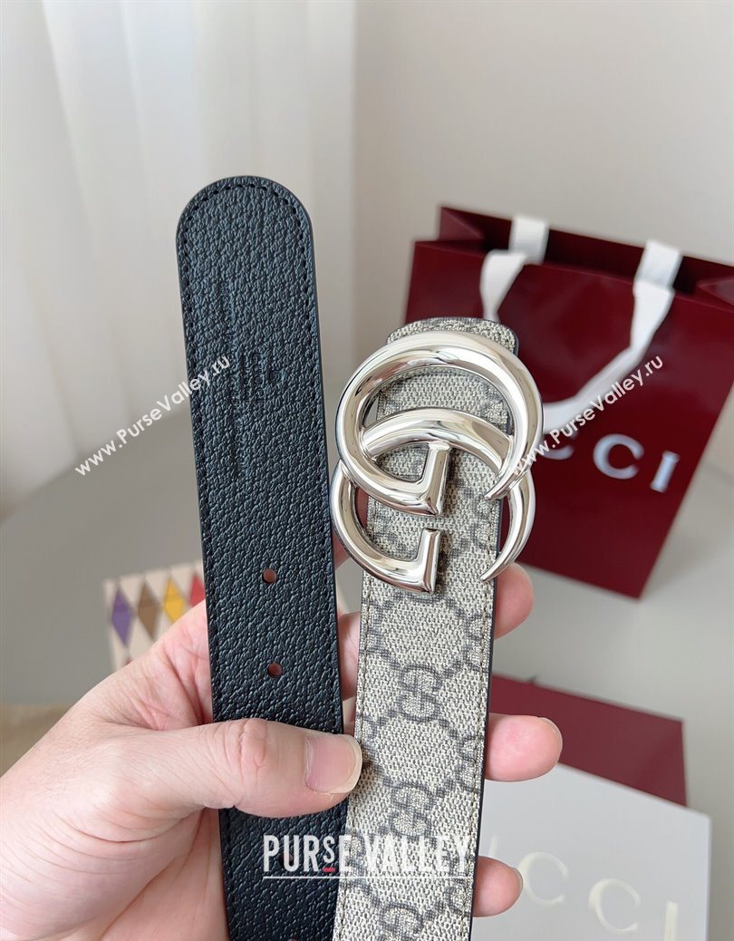 Gucci GG Leather Belt 3.5cm Beige/Silver 2025 GG091201 (99-250912139)