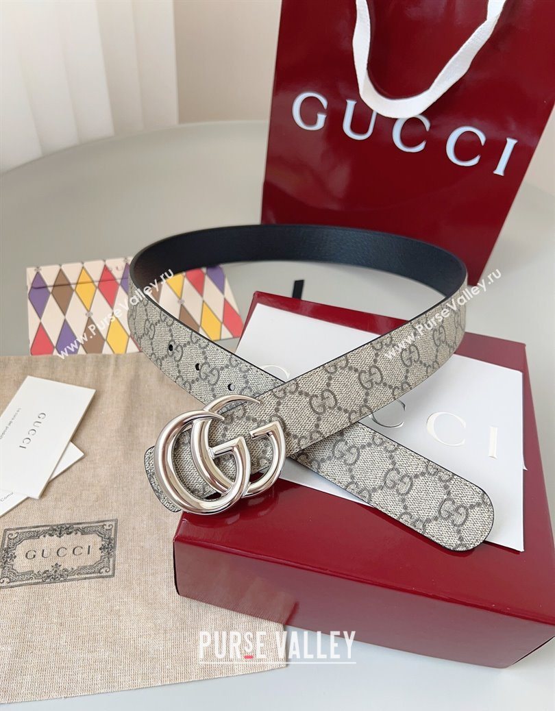 Gucci GG Leather Belt 3.5cm Beige/Silver 2025 GG091201 (99-250912139)