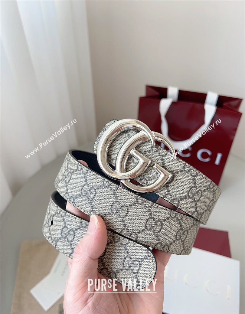 Gucci GG Leather Belt 3.5cm Beige/Silver 2025 GG091201 (99-250912139)