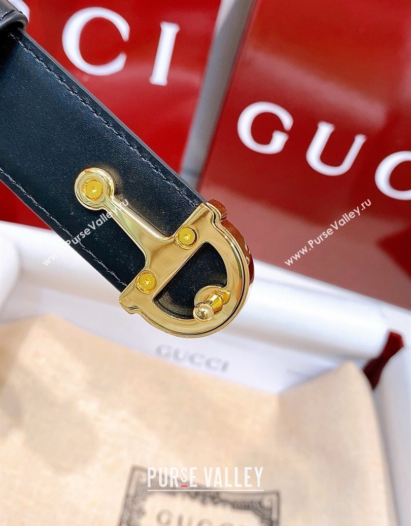 Gucci Thin Belt 2.5cm with Half-Horsebit Buckle in Leather Black/Gold 2025 0912 (99-250912133)