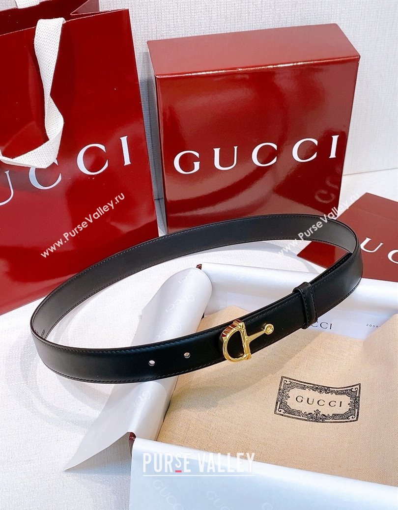 Gucci Thin Belt 2.5cm with Half-Horsebit Buckle in Leather Black/Gold 2025 0912 (99-250912133)