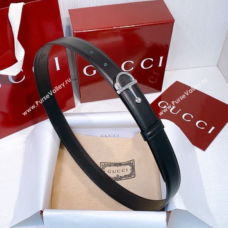 Gucci Thin Belt 2.5cm with Half-Horsebit Buckle in Leather Black/Silver 2025 0912 (99-250912134)