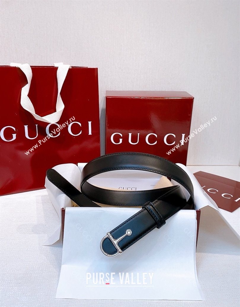 Gucci Thin Belt 2.5cm with Half-Horsebit Buckle in Leather Black/Silver 2025 0912 (99-250912134)
