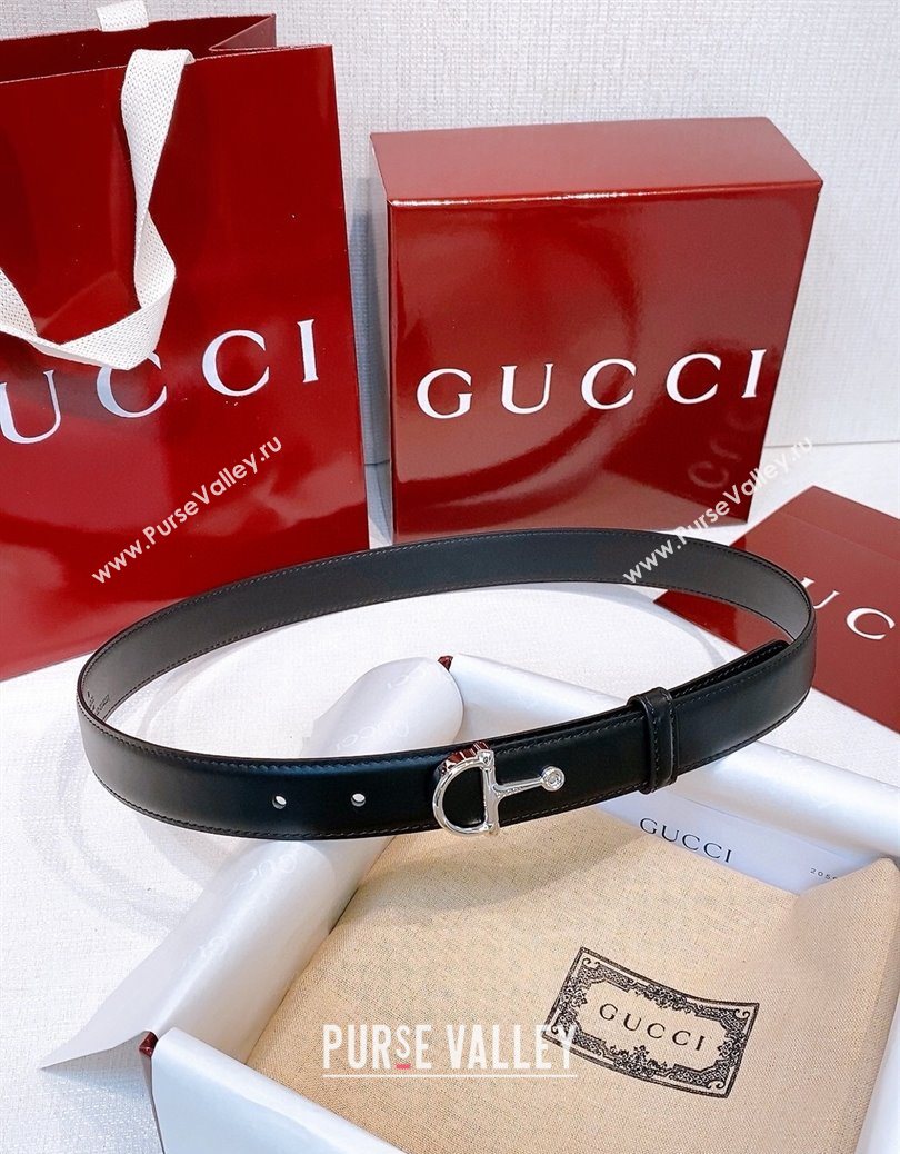 Gucci Thin Belt 2.5cm with Half-Horsebit Buckle in Leather Black/Silver 2025 0912 (99-250912134)