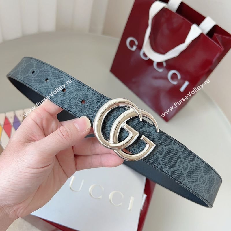 Gucci GG Leather Belt 3.5cm Black/Silver White 2025 GG091201 (99-250912135)