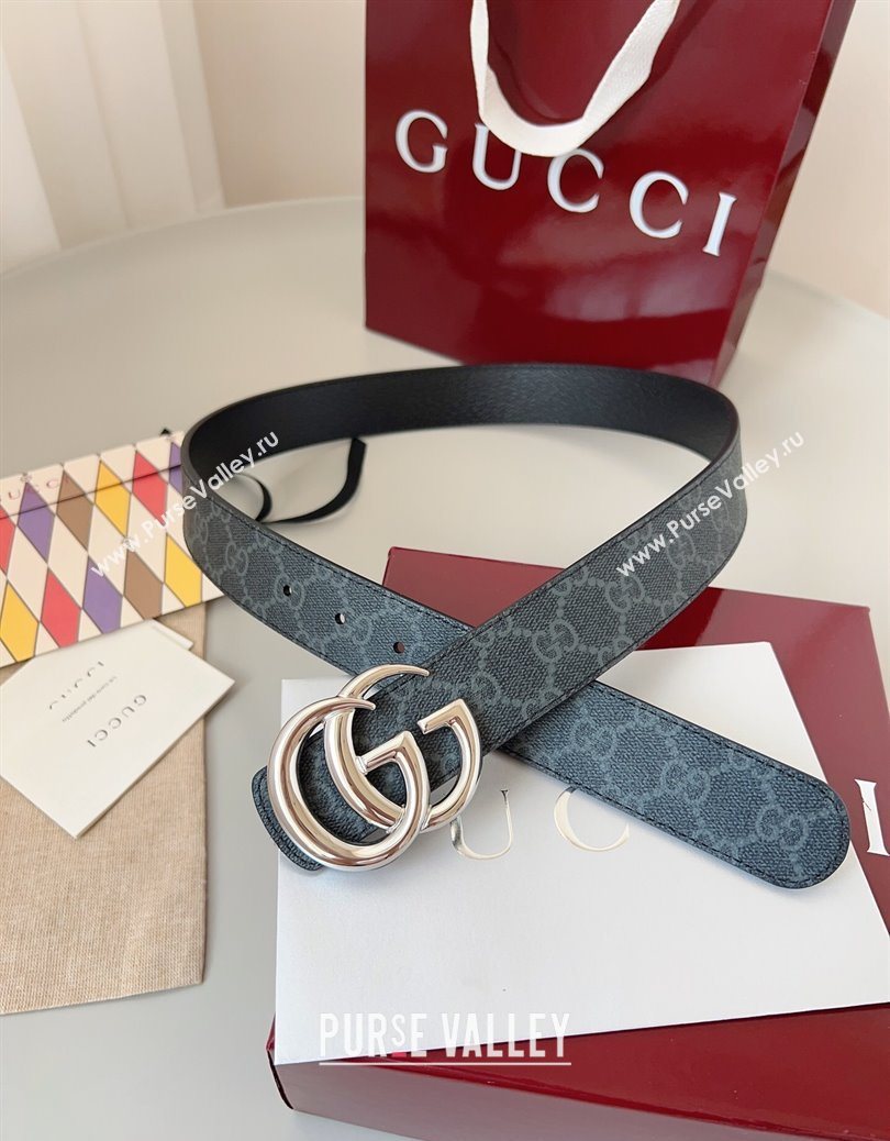 Gucci GG Leather Belt 3.5cm Black/Silver White 2025 GG091201 (99-250912135)
