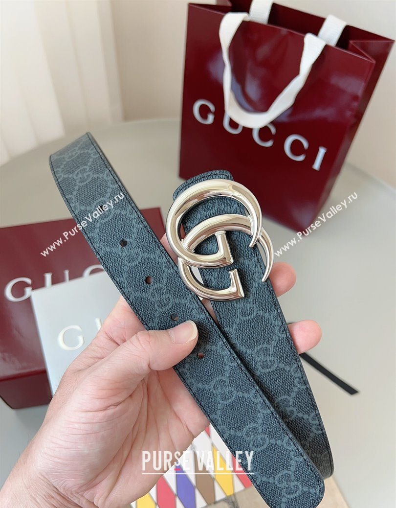 Gucci GG Leather Belt 3.5cm Black/Silver White 2025 GG091201 (99-250912135)