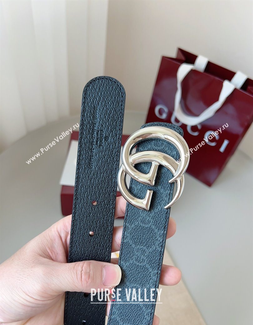 Gucci GG Leather Belt 3.5cm Black/Silver White 2025 GG091201 (99-250912135)