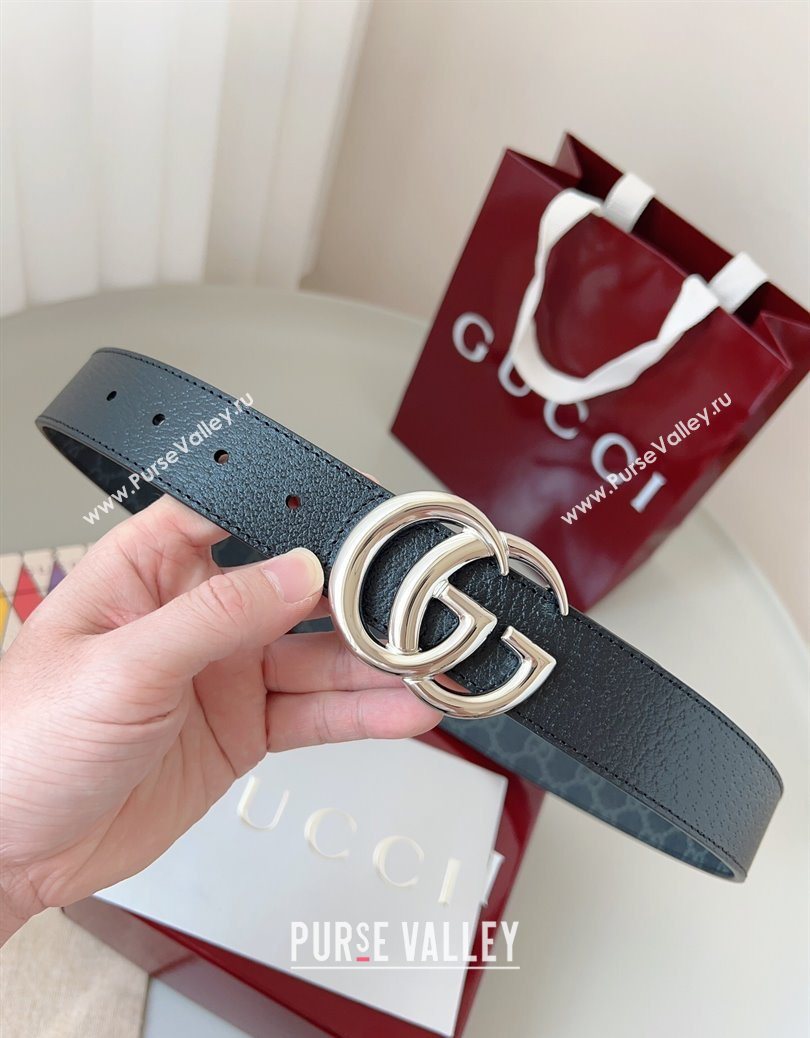 Gucci GG Leather Belt 3.5cm Black/Silver White 2025 GG091201 (99-250912135)