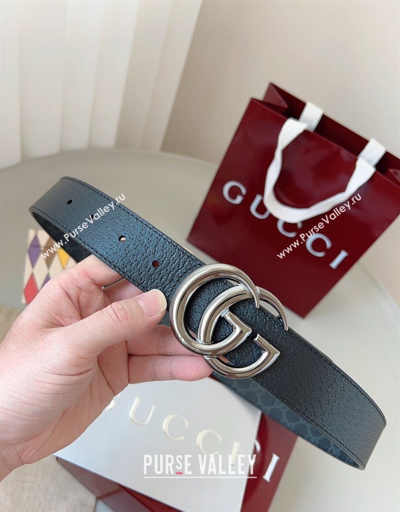 Gucci GG Leather Belt 3.5cm Black/Silver Grey 2025 GG091201 (99-250912136)