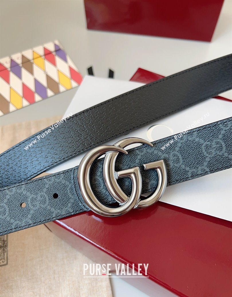 Gucci GG Leather Belt 3.5cm Black/Silver Grey 2025 GG091201 (99-250912136)
