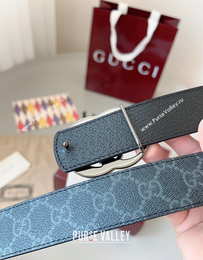 Gucci GG Leather Belt 3.5cm Black/Silver Grey 2025 GG091201 (99-250912136)