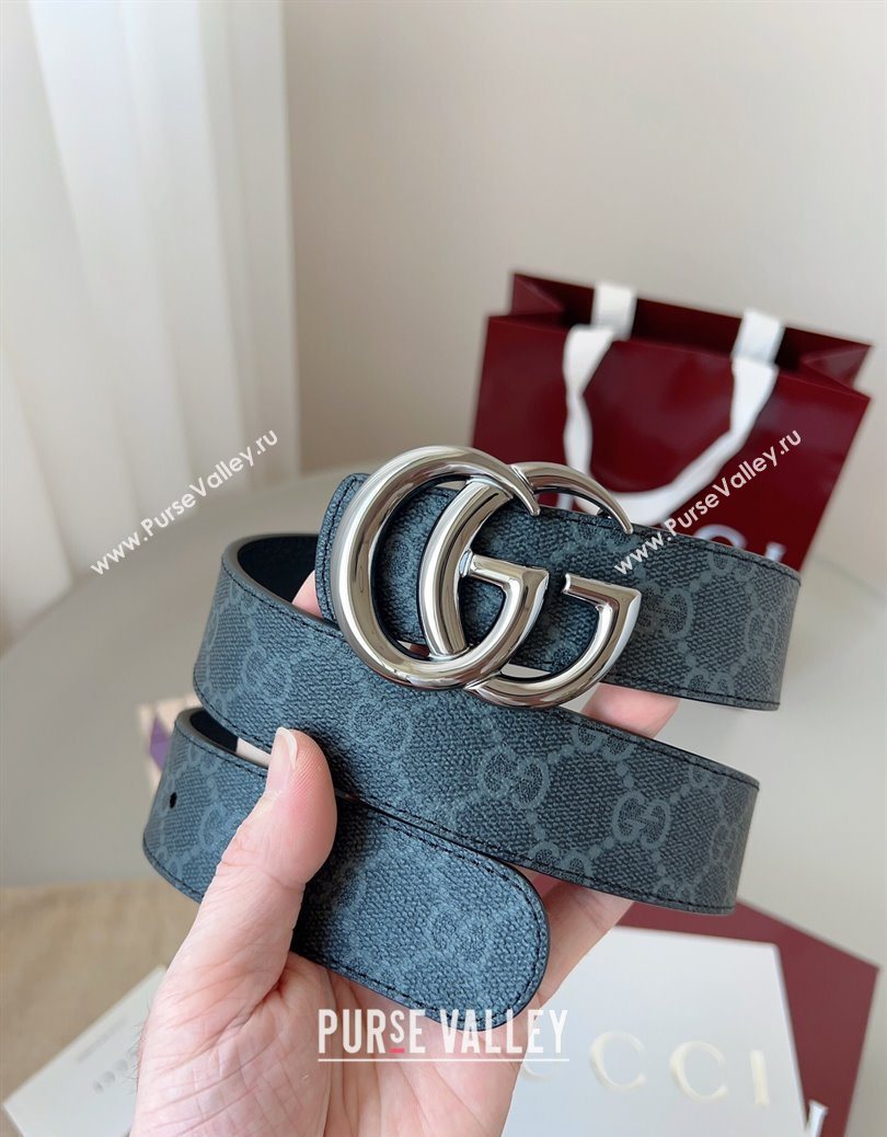 Gucci GG Leather Belt 3.5cm Black/Silver Grey 2025 GG091201 (99-250912136)