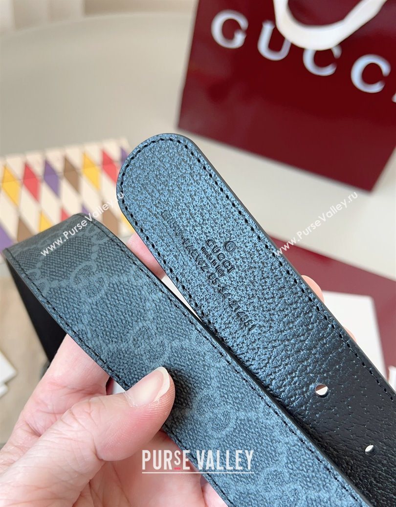 Gucci GG Leather Belt 3.5cm Black/Silver Grey 2025 GG091201 (99-250912136)