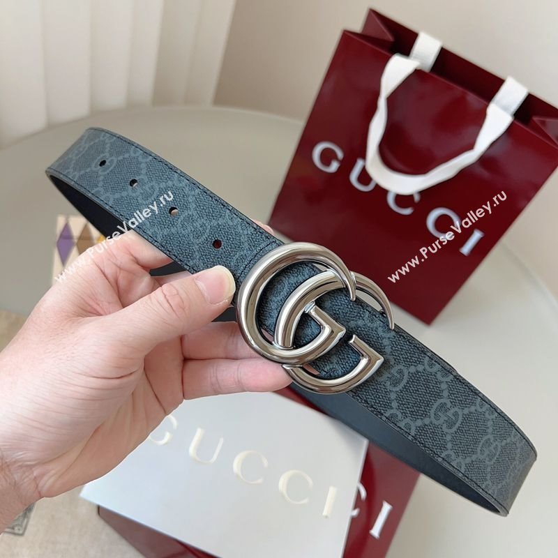 Gucci GG Leather Belt 3.5cm Black/Silver Grey 2025 GG091201 (99-250912136)