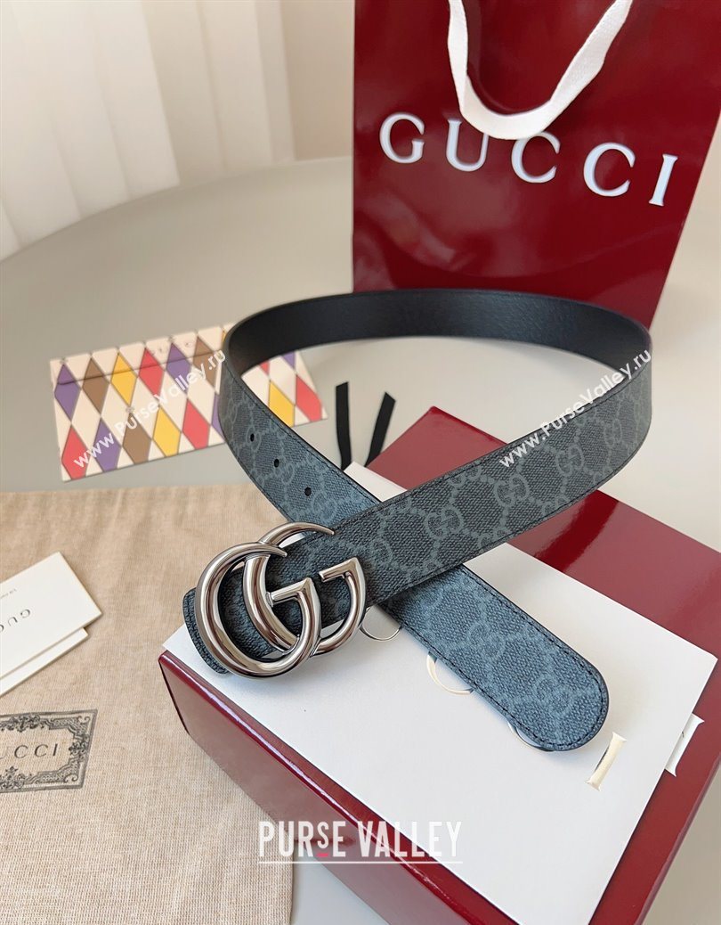 Gucci GG Leather Belt 3.5cm Black/Silver Grey 2025 GG091201 (99-250912136)