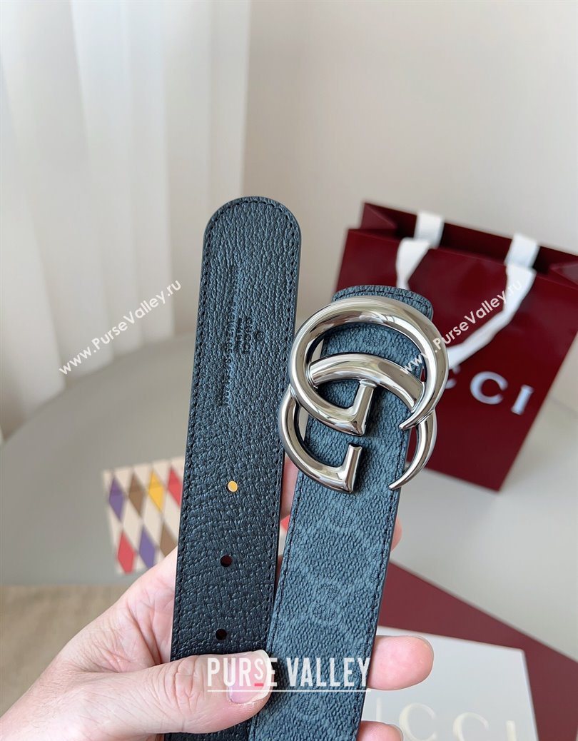 Gucci GG Leather Belt 3.5cm Black/Silver Grey 2025 GG091201 (99-250912136)