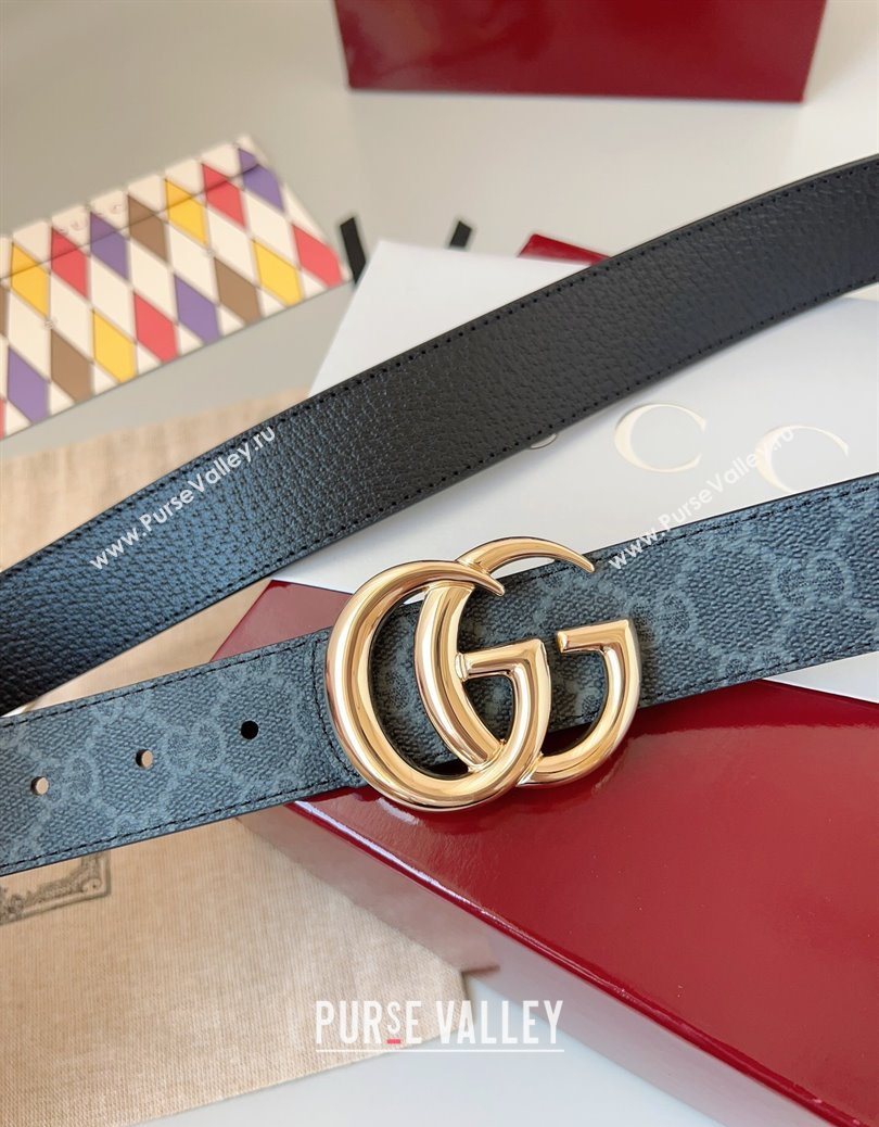Gucci GG Leather Belt 3.5cm Black/Gold 2025 GG091201 (99-250912137)
