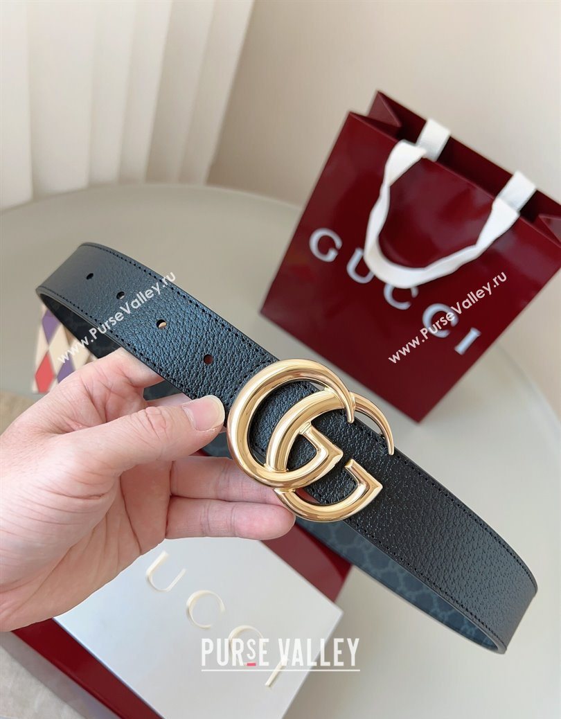 Gucci GG Leather Belt 3.5cm Black/Gold 2025 GG091201 (99-250912137)