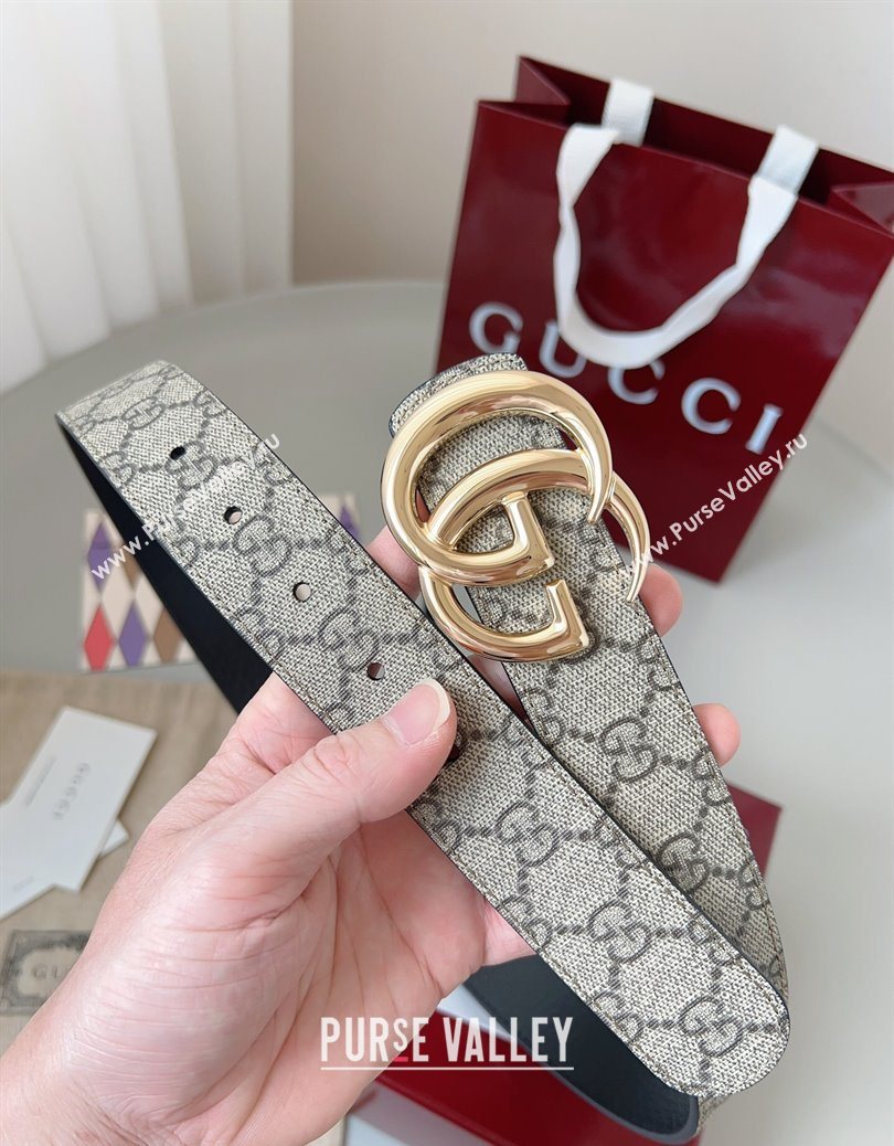 Gucci GG Leather Belt 3.5cm Beige/Gold 2025 GG091201 (99-250912138)