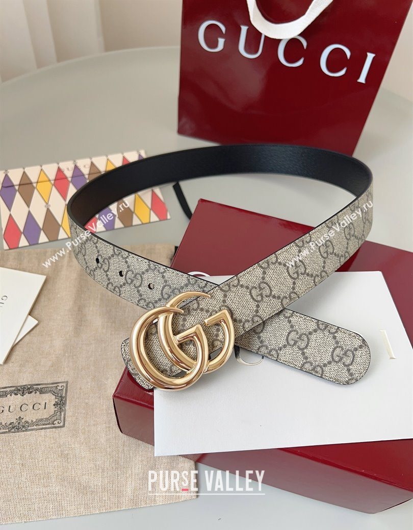 Gucci GG Leather Belt 3.5cm Beige/Gold 2025 GG091201 (99-250912138)