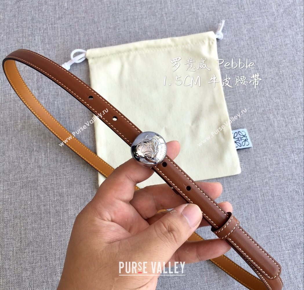 Loewe Pebble Belt 1.5cm in Calfskin Leather Brown/Silver 2025 LW091201 (99-251112108)