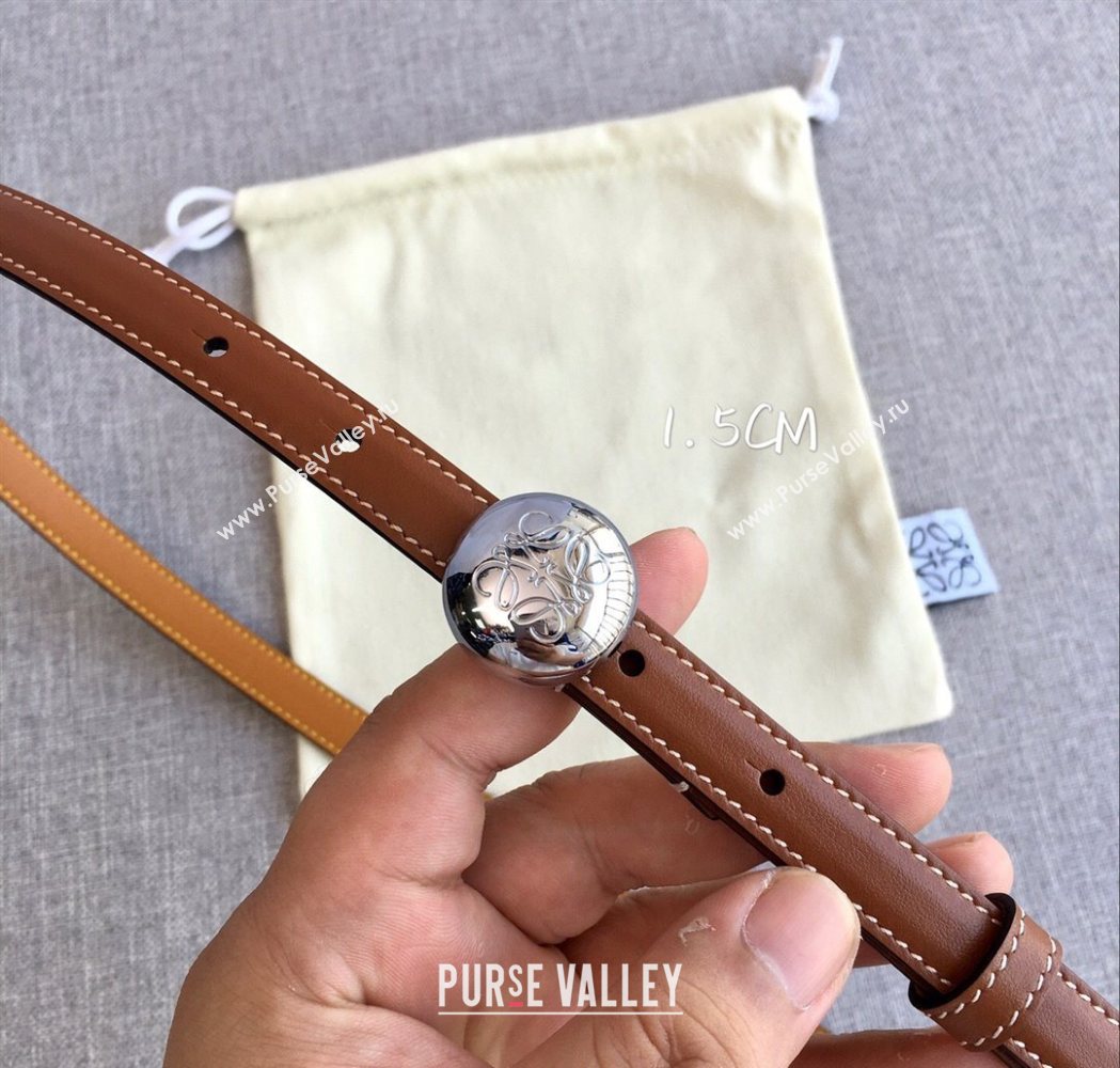 Loewe Pebble Belt 1.5cm in Calfskin Leather Brown/Silver 2025 LW091201 (99-251112108)