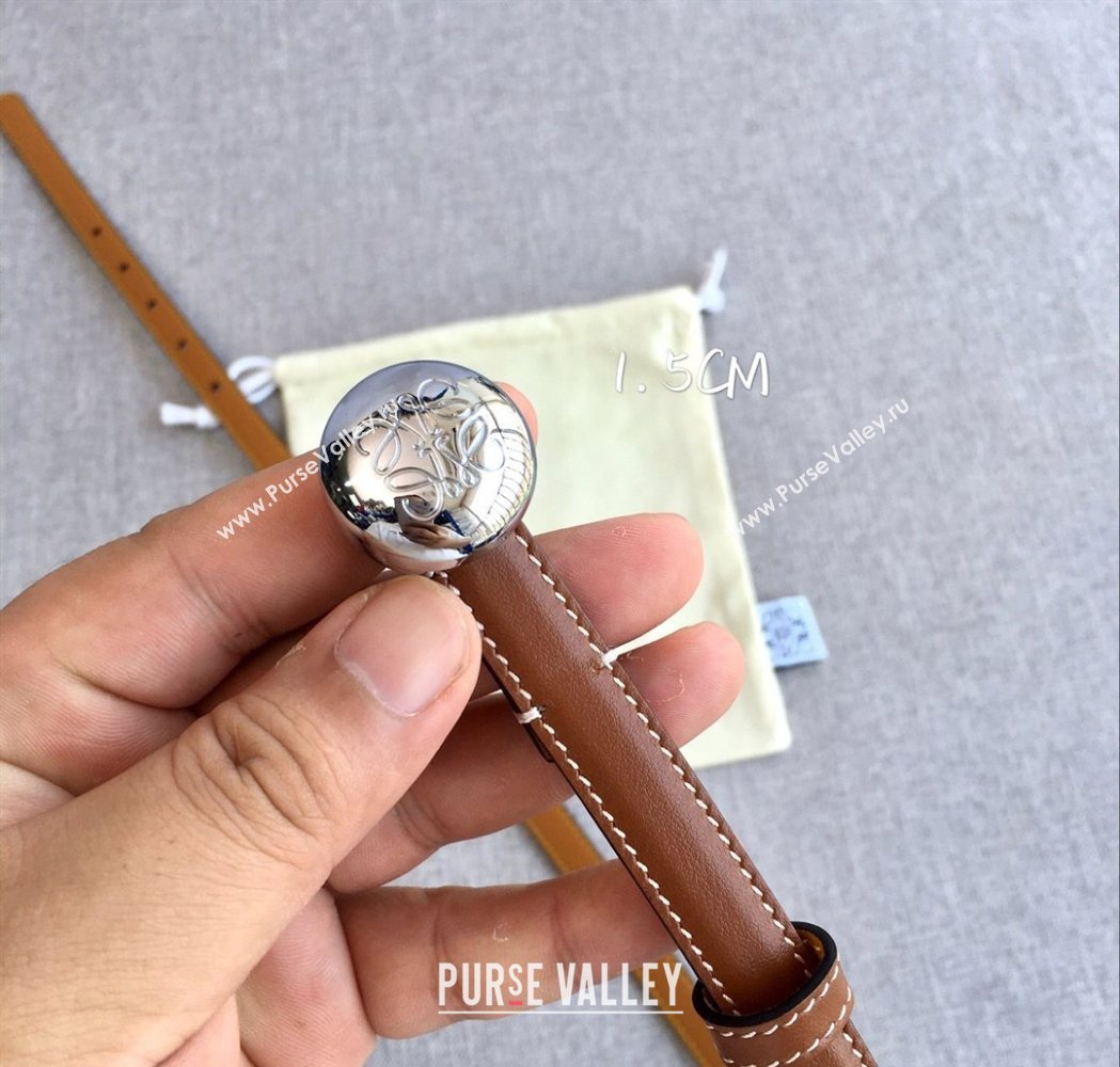 Loewe Pebble Belt 1.5cm in Calfskin Leather Brown/Silver 2025 LW091201 (99-251112108)