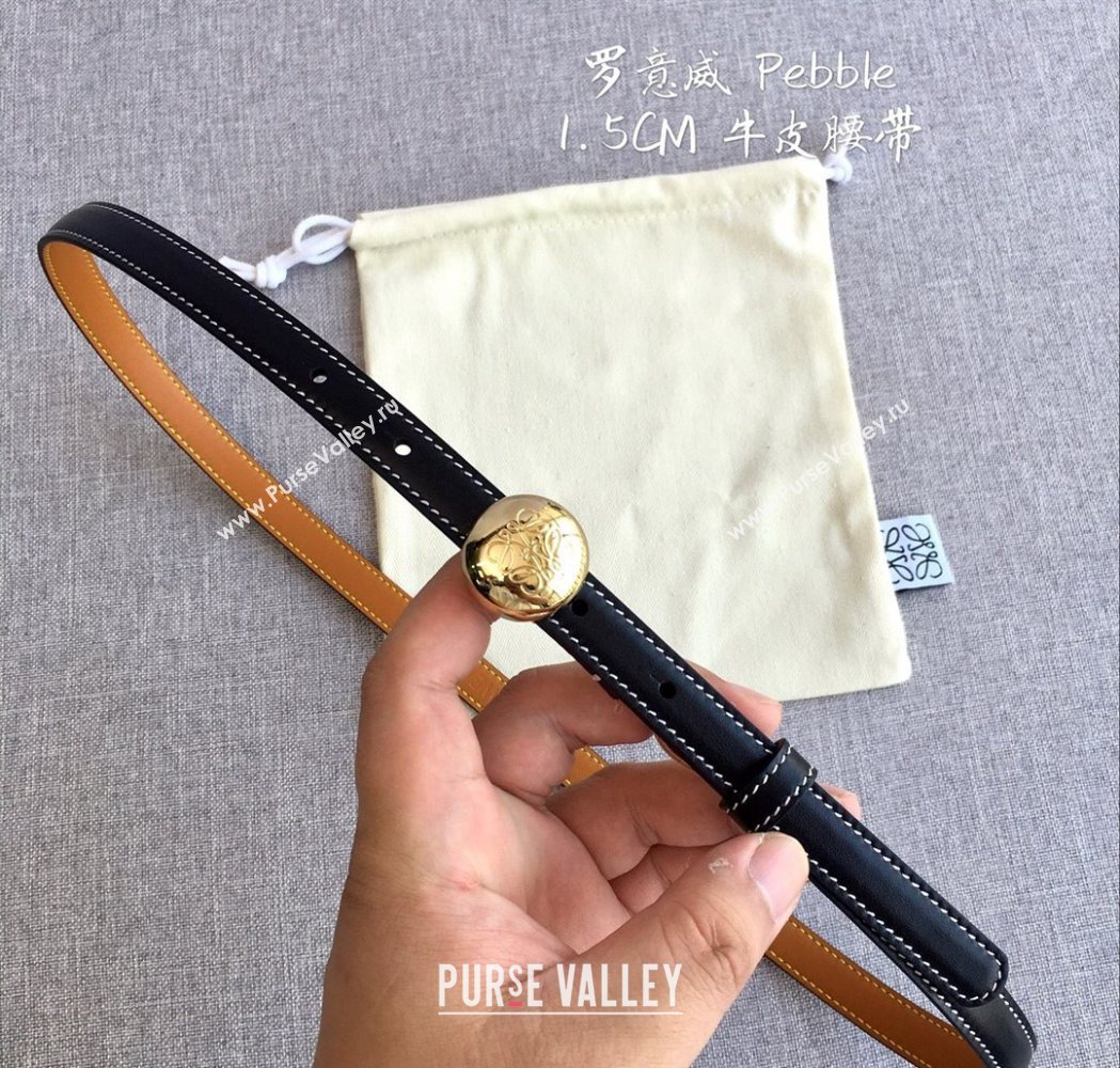 Loewe Pebble Belt 1.5cm in Calfskin Leather Black/Gold 2025 LW091201 (99-251112109)