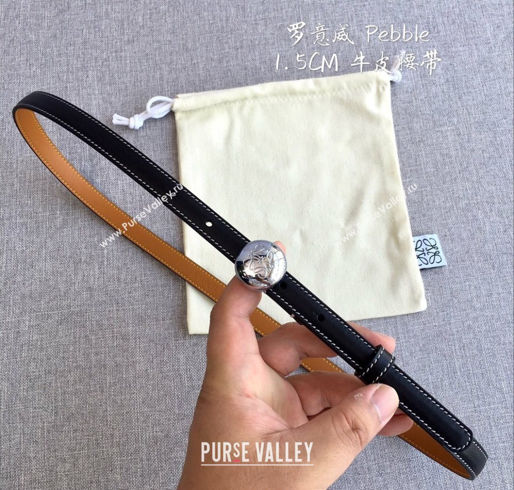 Loewe Pebble Belt 1.5cm in Calfskin Leather Black/Silver 2025 LW091201 (99-251112110)