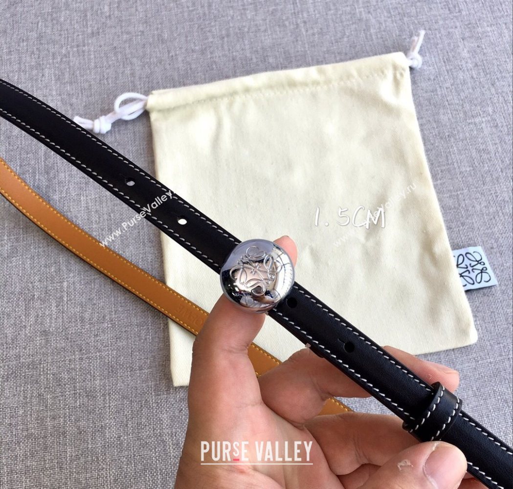 Loewe Pebble Belt 1.5cm in Calfskin Leather Black/Silver 2025 LW091201 (99-251112110)