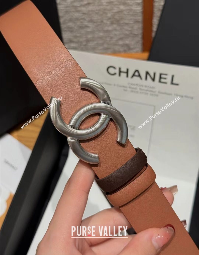 Chanel Calfskin Leather Reversible Belt 3cm with CC Buckle Brown/Silver 2025 1231 (99-251231127)