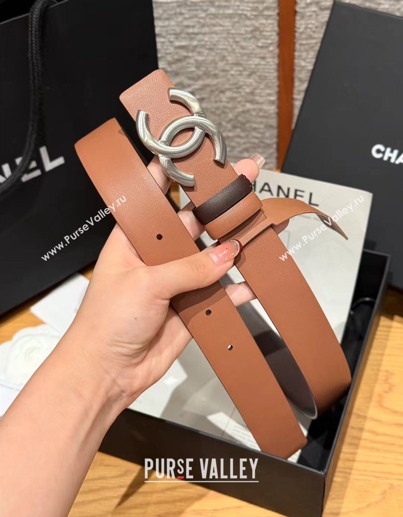 Chanel Calfskin Leather Reversible Belt 3cm with CC Buckle Brown/Silver 2025 1231 (99-251231127)