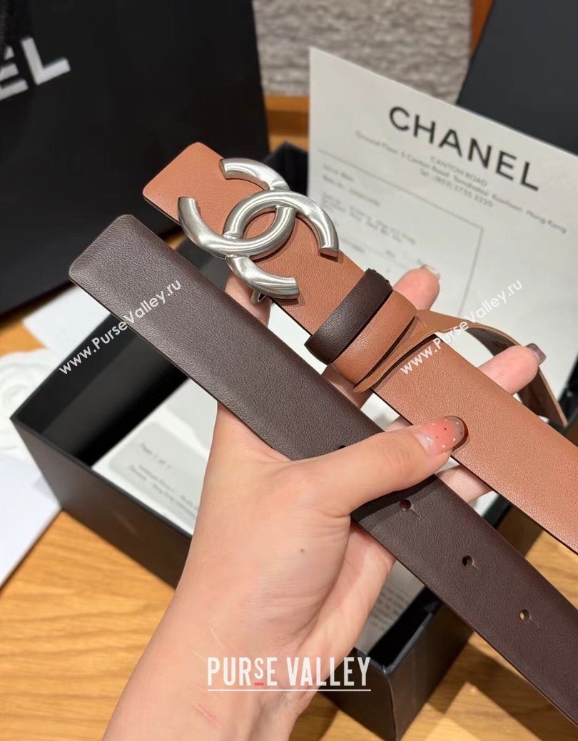 Chanel Calfskin Leather Reversible Belt 3cm with CC Buckle Brown/Silver 2025 1231 (99-251231127)
