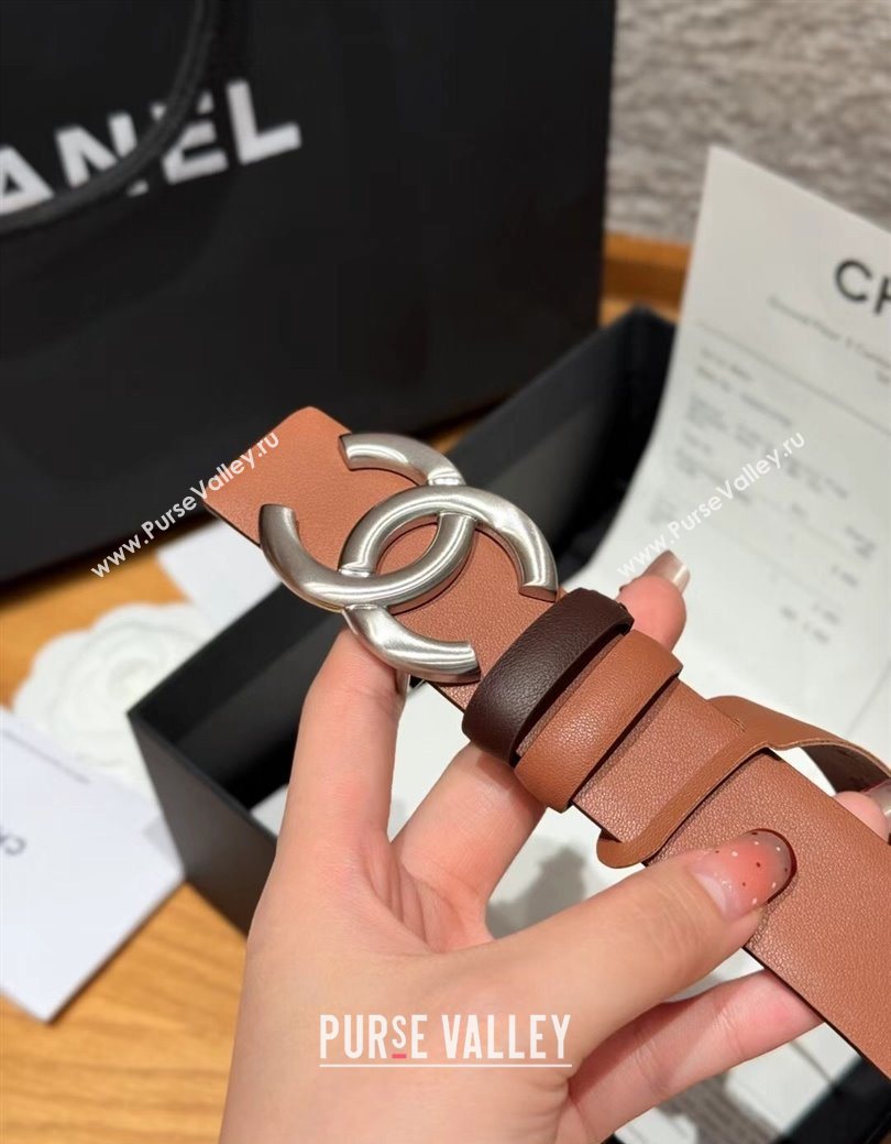 Chanel Calfskin Leather Reversible Belt 3cm with CC Buckle Brown/Silver 2025 1231 (99-251231127)