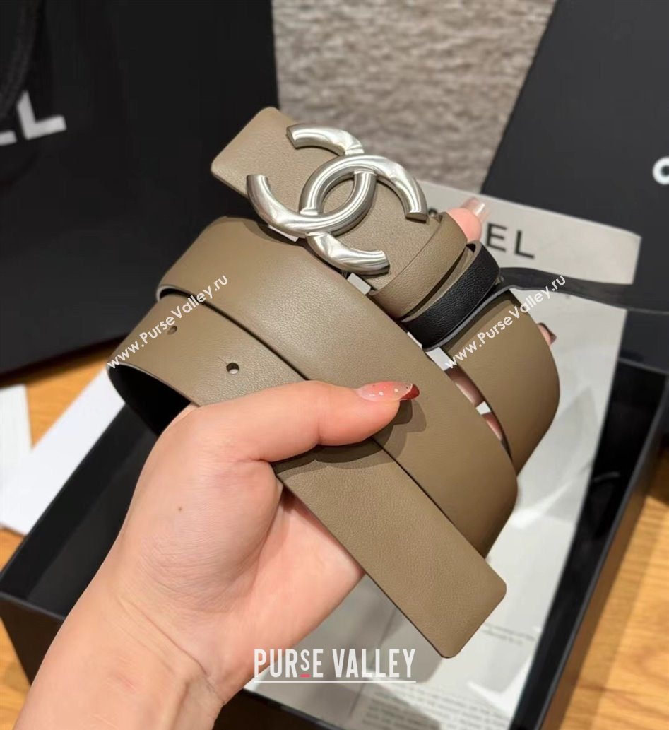 Chanel Calfskin Leather Reversible Belt 3cm with CC Buckle Grey/Silver 2025 1231 (99-251231117)