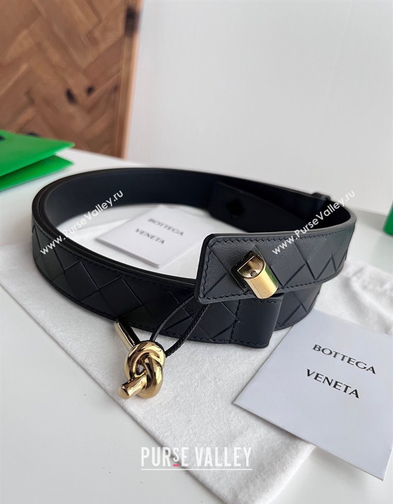 Bottega Veneta Andiamo Intrecciato Leather Belt 3cm with Knot Buckle Black 2025  (99-260104070)